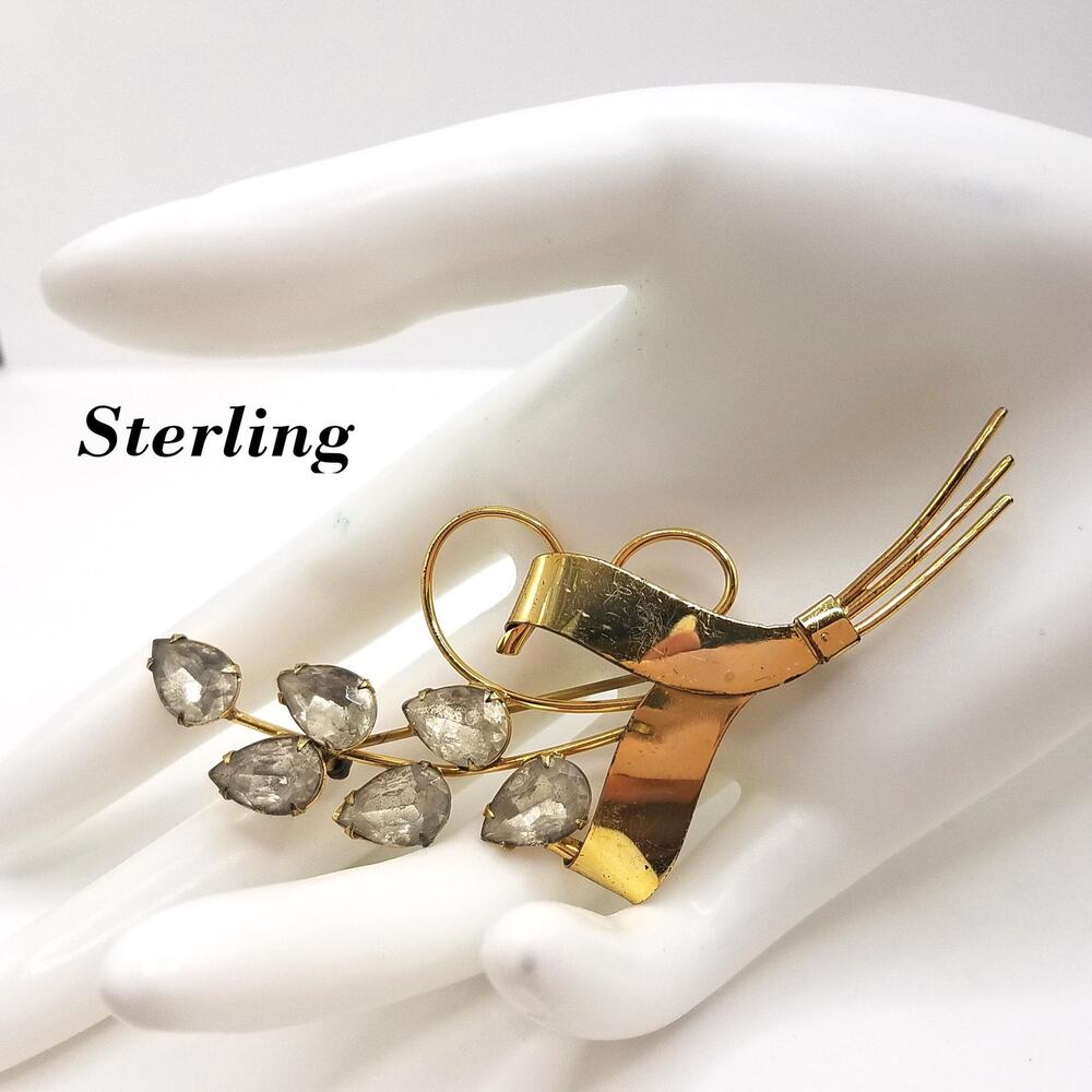 1940 Gold Vermeil Sterling Floral Spray Brooch, Distressed Foil Back Rhinestones